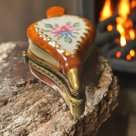 Rare Authentic Limoges Fireplace Bellow Chamart Trinket Box, Pillbox Floral